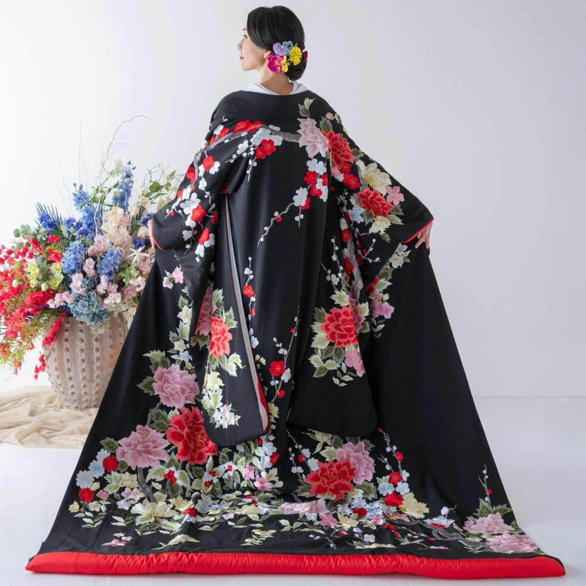 色打掛レンタル フルセット 黒地牡丹草花刺繍文 033