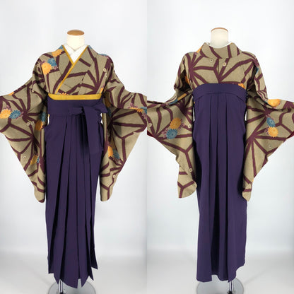 卒業式袴レンタル フルセット 鶸茶麻の葉菊花文 freeサイズ 017