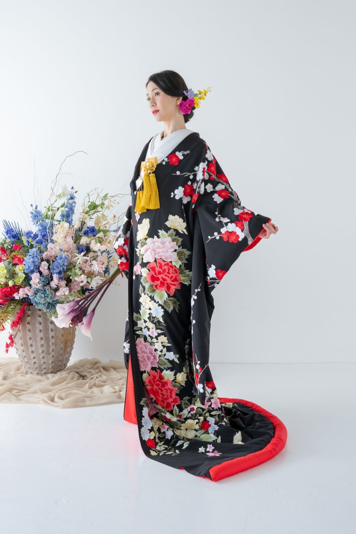 色打掛レンタル フルセット 黒地牡丹草花刺繍文 033