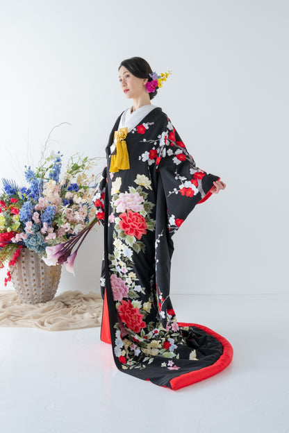 色打掛レンタル フルセット 黒地牡丹草花刺繍文 033
