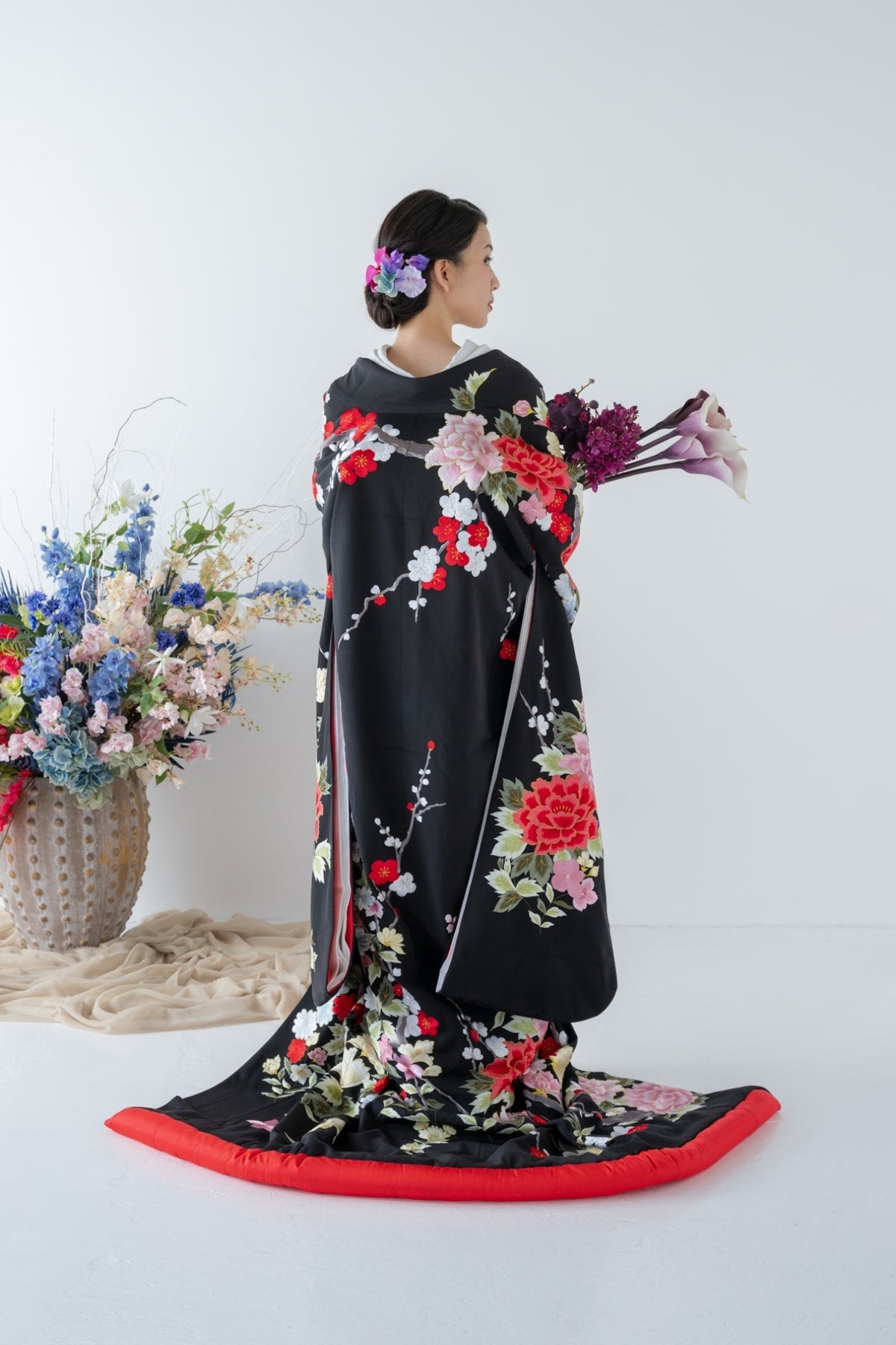 色打掛レンタル フルセット 黒地牡丹草花刺繍文 033