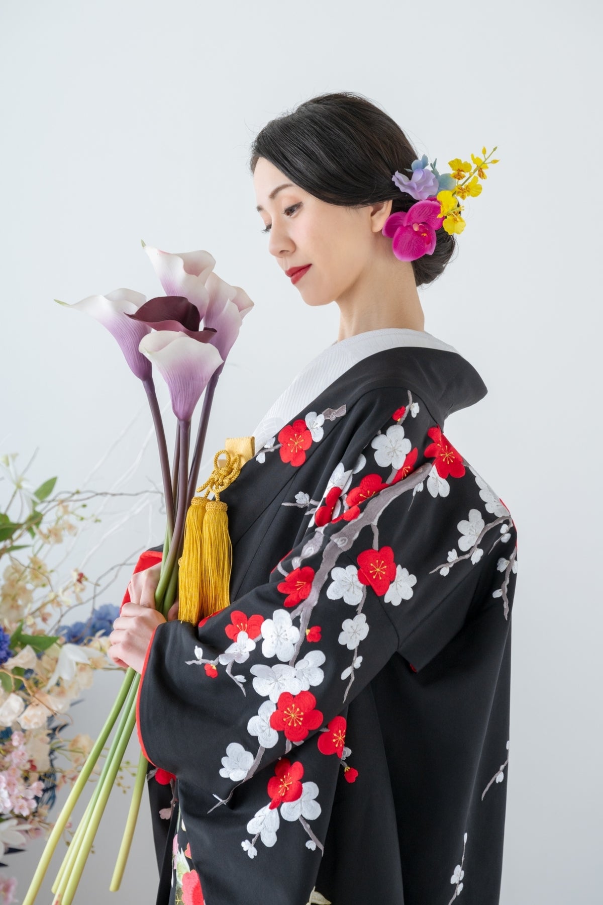 色打掛レンタル フルセット 黒地牡丹草花刺繍文 033
