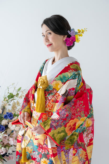 色打掛レンタル フルセット 赤地金波飛翔鶴草花文 027